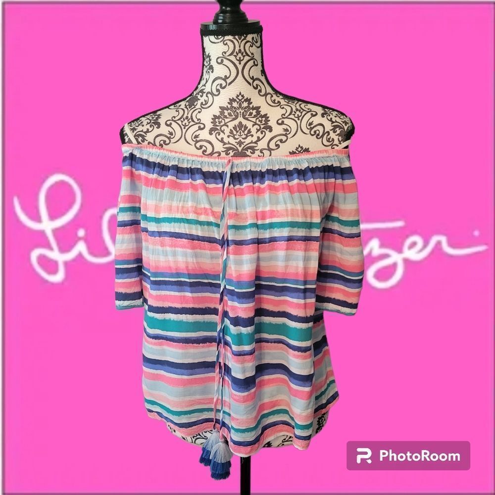 Lilly Pulitzer Off the Shoulder Stripe Top Pink White Medium